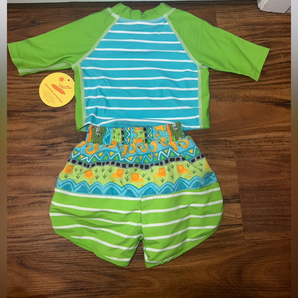 Green & Aqua Baby Swim Trunks & Rash Guard Set 3-6 Month w/ built in swim diaper - Picture 8 of 9